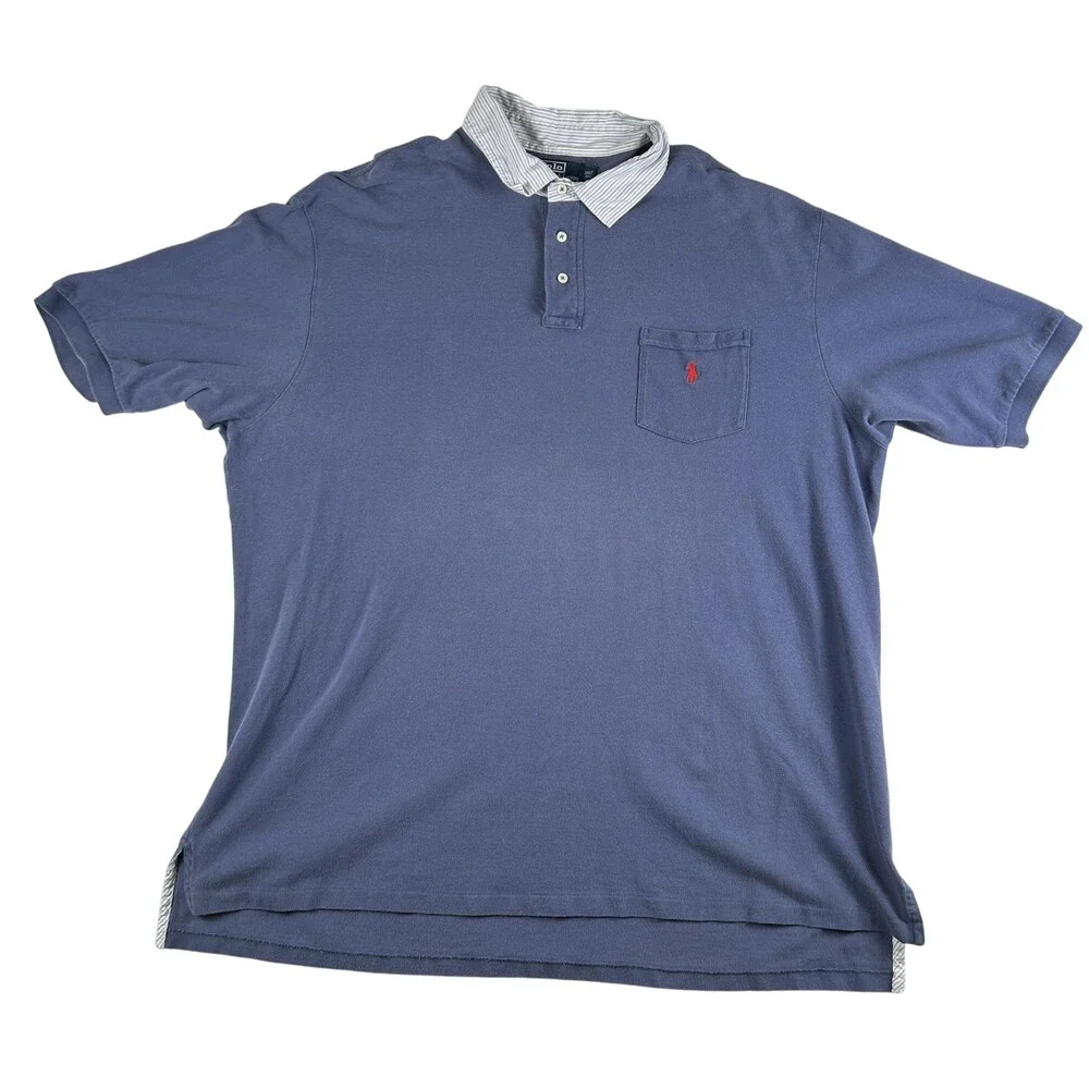 Polo Ralph Lauren Polo Shirt Mens 3XLT Blue Striped Collar Pocket Pony Logo